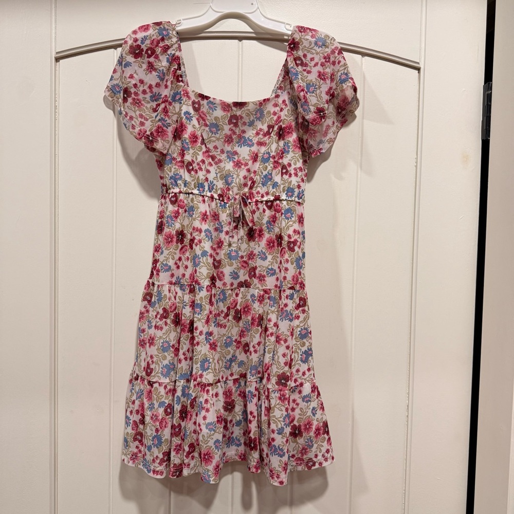 Floral Square-Neck Tiered Kids Dress - Pink & Blue